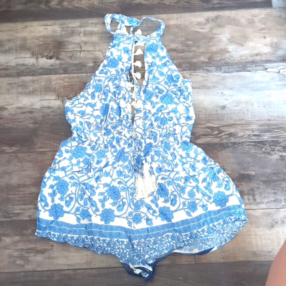 Debbie dabbie royal blue and white floral fringe plunging romper